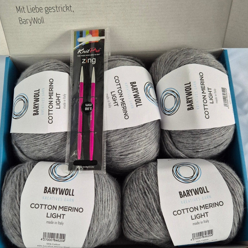 Wollbox 60 – Stricknadel - Set mit Cotton Merino Light Grau - BaryWoll