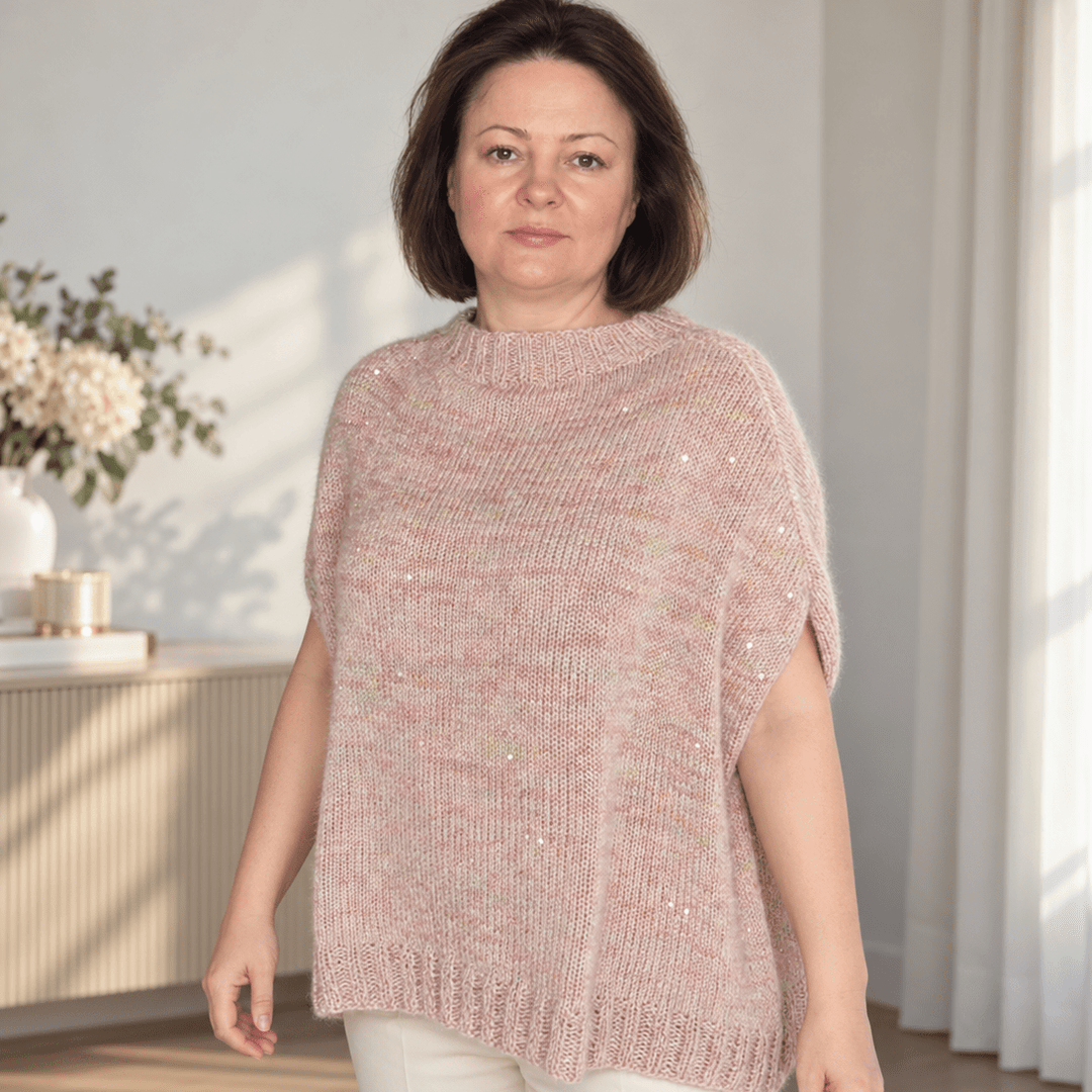 Strickanleitung Pullunder „Rosenschimmer“ mit Pailletten – PDF - BaryWoll