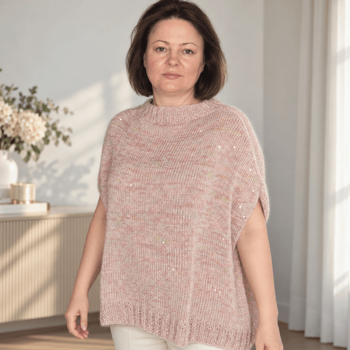 Strickanleitung Pullunder „Rosenschimmer“ mit Pailletten – PDF - BaryWoll