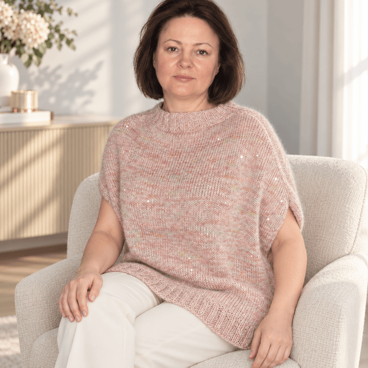 Strickanleitung Pullunder „Rosenschimmer“ mit Pailletten – PDF - BaryWoll