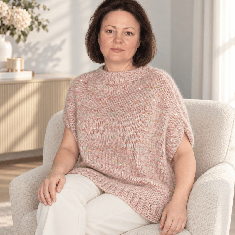 Strickanleitung Pullunder „Rosenschimmer“ mit Pailletten – PDF - BaryWoll